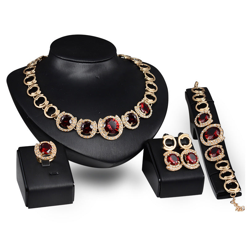Wedding Bridal Jewelry Sets with Gold Color Crystal Green Red Zircon Pendant Necklace Earrings Ring for Women