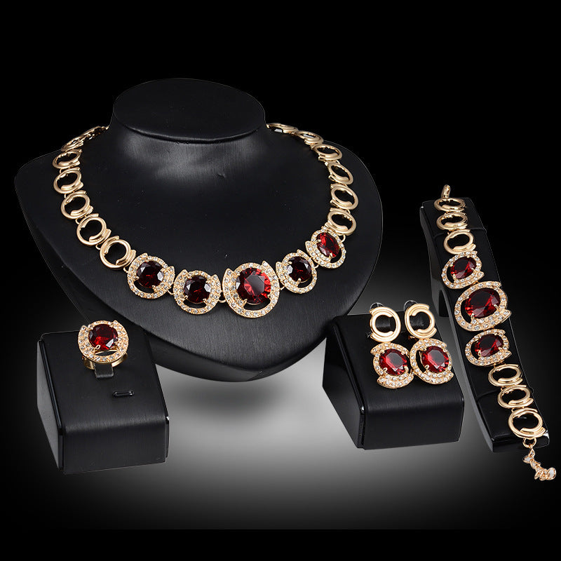 Wedding Bridal Jewelry Sets with Gold Color Crystal Green Red Zircon Pendant Necklace Earrings Ring for Women