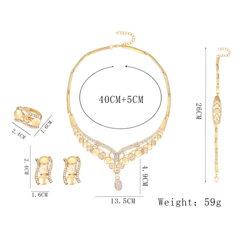 Gold jewelry set with necklace, earrings, ring, and bracelet, including measurements and weight on a white background.